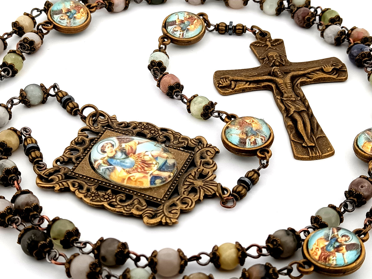 Saint Michael crazy lace agate gemstone unique rosary beads with bronze Holy Trinity crucifix.
