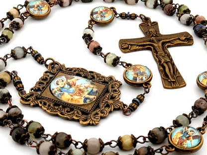 Saint Michael crazy lace agate gemstone unique rosary beads with bronze Holy Trinity crucifix.