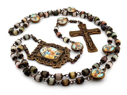 Saint Michael crazy lace agate gemstone unique rosary beads with bronze Holy Trinity crucifix.