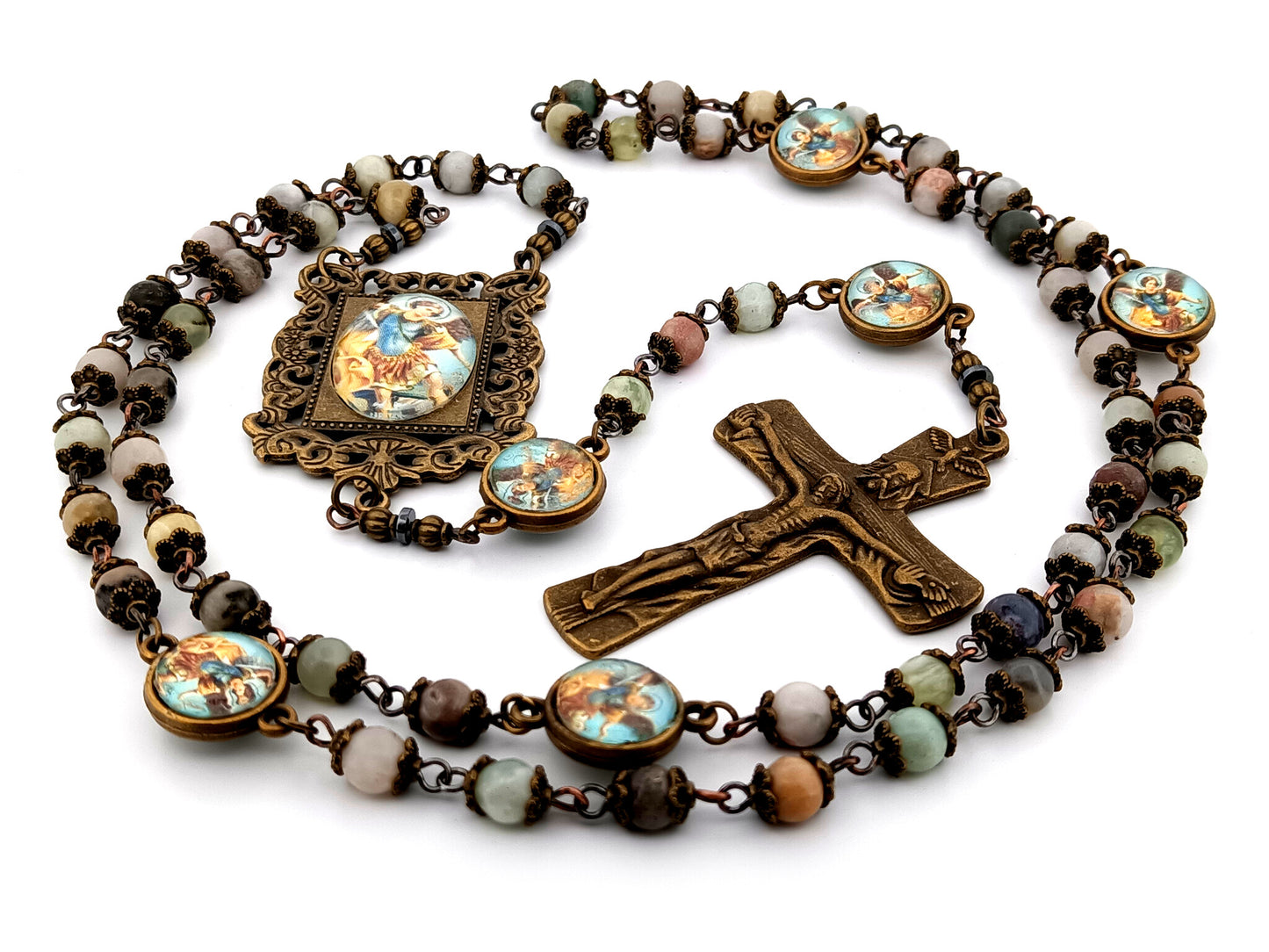 Saint Michael crazy lace agate gemstone unique rosary beads with bronze Holy Trinity crucifix.