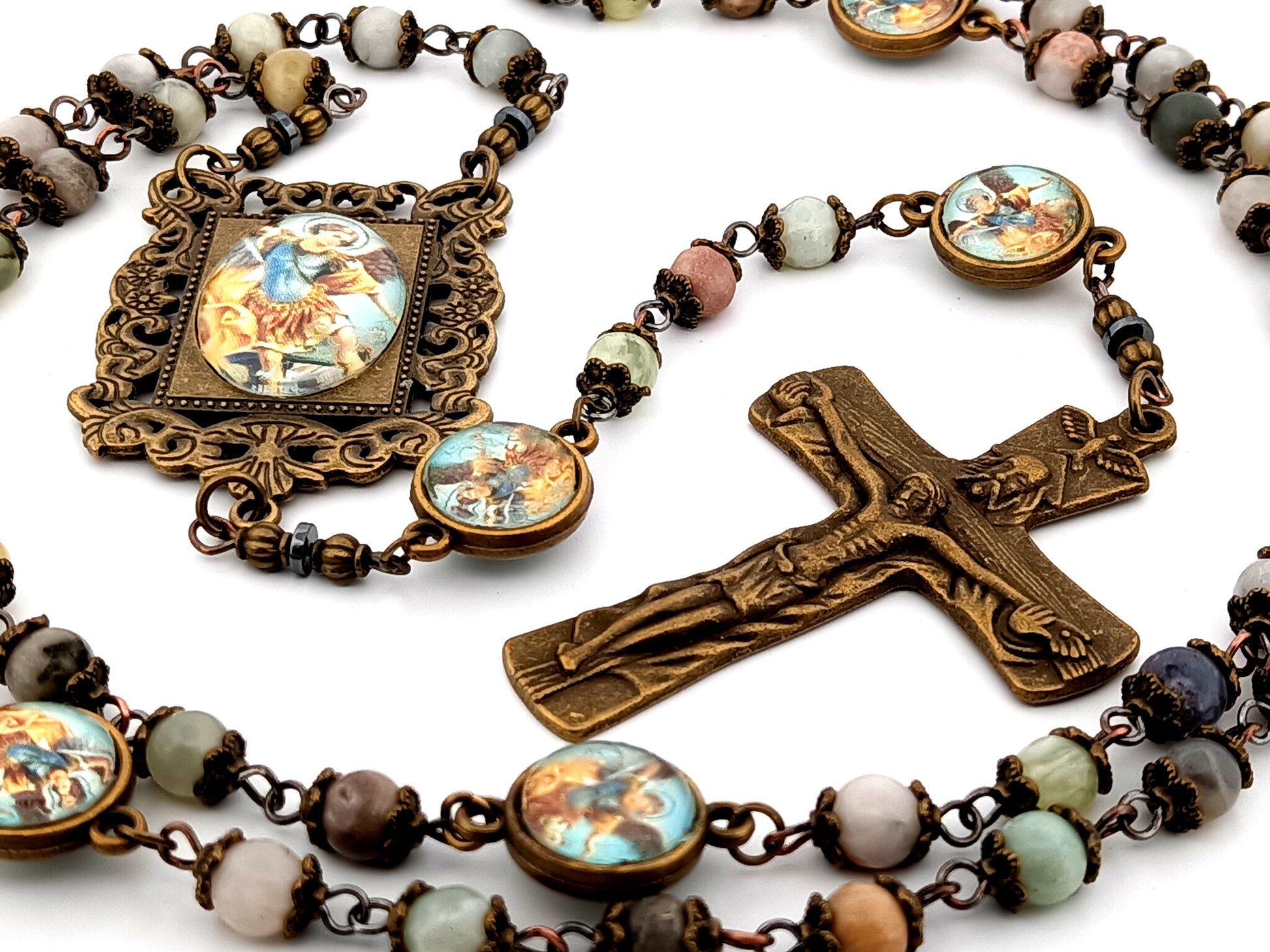 Saint Michael crazy lace agate gemstone unique rosary beads with bronze Holy Trinity crucifix.