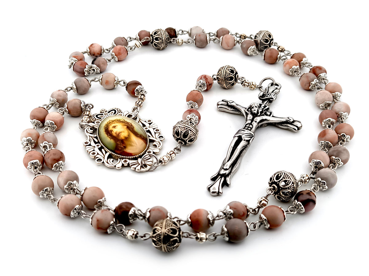 Crown of Thorns marble jasper gemstone and silver unique rosary beads with stainless steel crucifix.