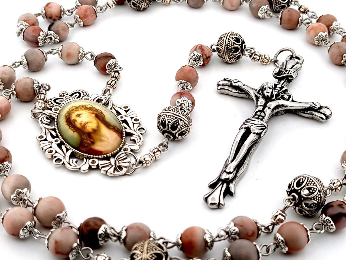 Crown of Thorns marble jasper gemstone and silver unique rosary beads with stainless steel crucifix.