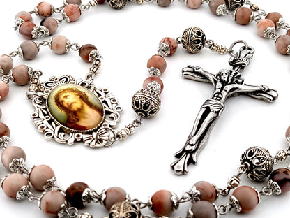 Crown of Thorns marble jasper gemstone and silver unique rosary beads with stainless steel crucifix.