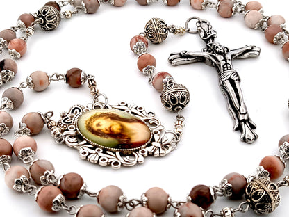 Crown of Thorns marble jasper gemstone and silver unique rosary beads with stainless steel crucifix.
