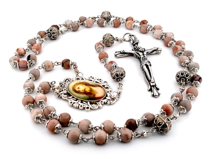 Crown of Thorns marble jasper gemstone and silver unique rosary beads with stainless steel crucifix.