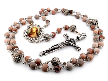 Crown of Thorns marble jasper gemstone and silver unique rosary beads with stainless steel crucifix.
