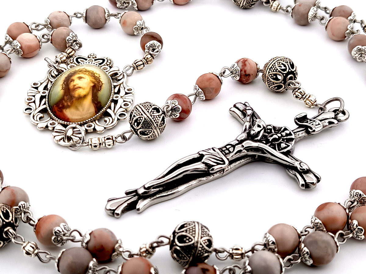 Crown of Thorns marble jasper gemstone and silver unique rosary beads with stainless steel crucifix.