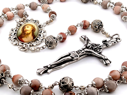 Crown of Thorns marble jasper gemstone and silver unique rosary beads with stainless steel crucifix.