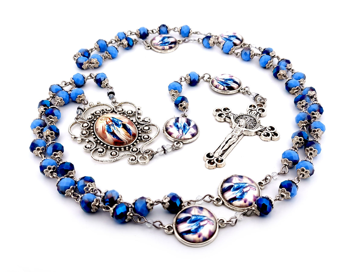 Our Lady of Grace blue faceted glass unique rosary beads with Saint Benedict crucifix.
