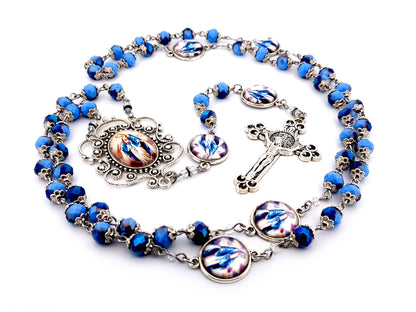 Our Lady of Grace blue faceted glass unique rosary beads with Saint Benedict crucifix.