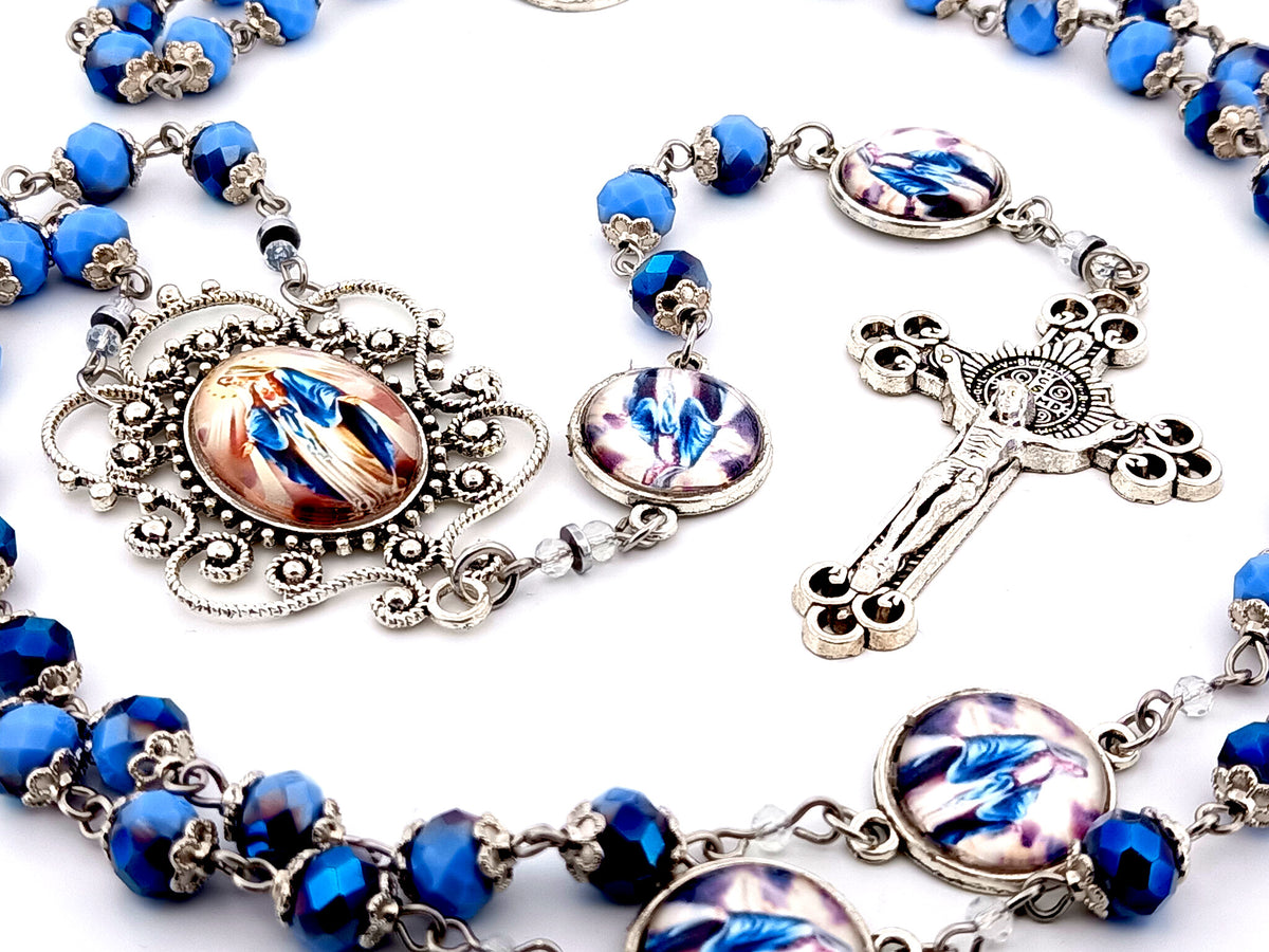 Our Lady of Grace blue faceted glass unique rosary beads with Saint Benedict crucifix.