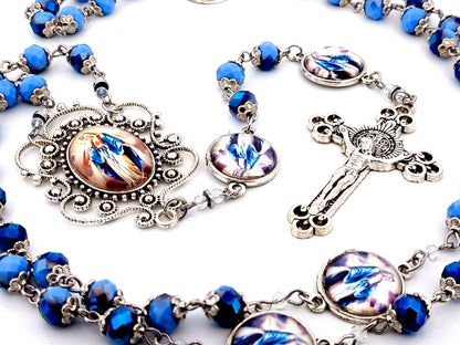 Our Lady of Grace blue faceted glass unique rosary beads with Saint Benedict crucifix.