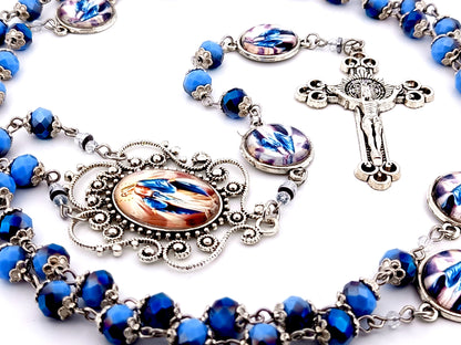 Our Lady of Grace blue faceted glass unique rosary beads with Saint Benedict crucifix.