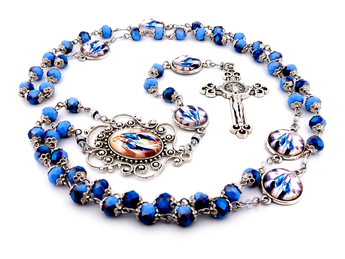 Our Lady of Grace blue faceted glass unique rosary beads with Saint Benedict crucifix.