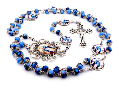 Our Lady of Grace blue faceted glass unique rosary beads with Saint Benedict crucifix.