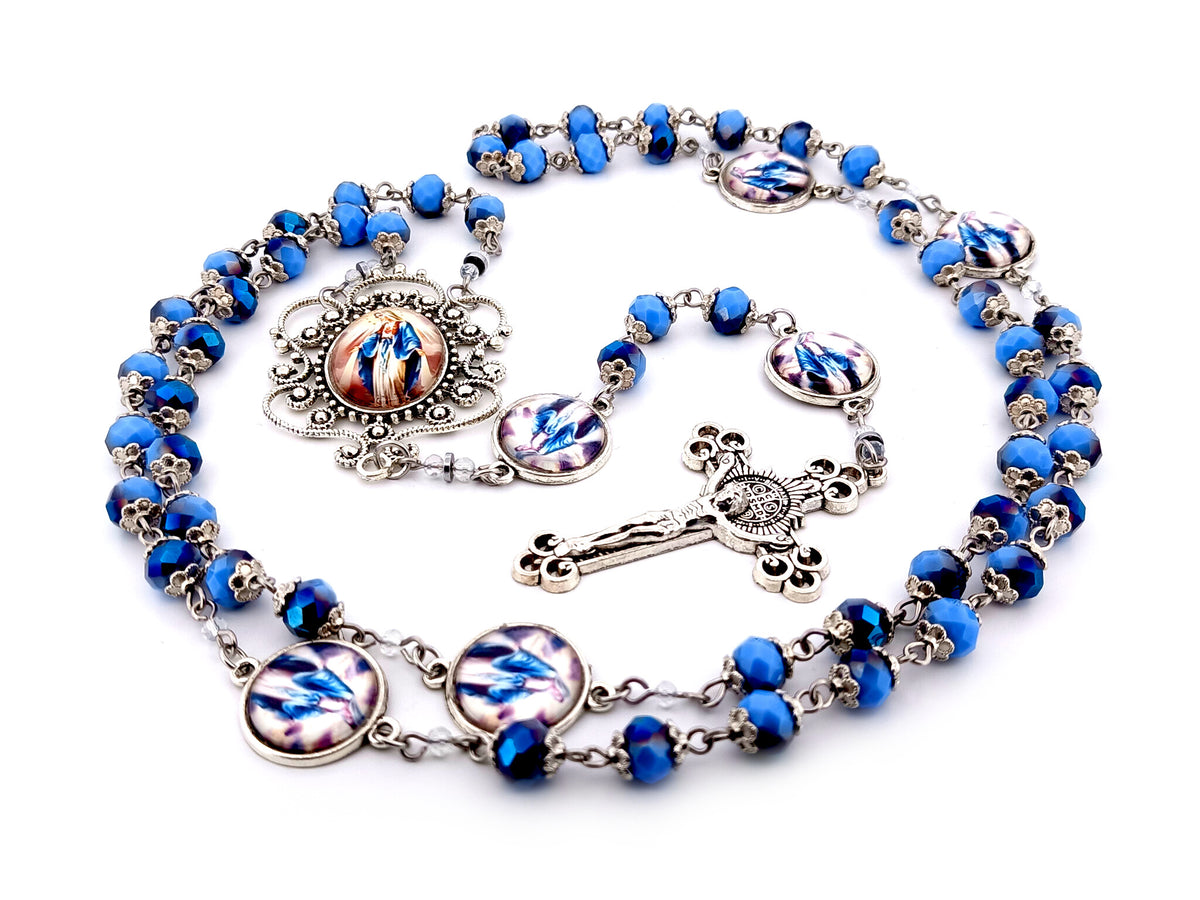 Our Lady of Grace blue faceted glass unique rosary beads with Saint Benedict crucifix.