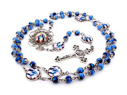 Our Lady of Grace blue faceted glass unique rosary beads with Saint Benedict crucifix.