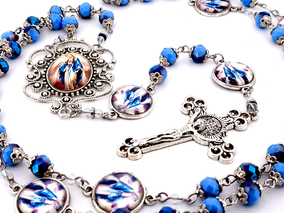 Our Lady of Grace blue faceted glass unique rosary beads with Saint Benedict crucifix.