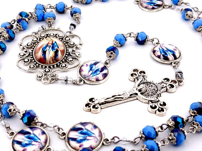 Our Lady of Grace blue faceted glass unique rosary beads with Saint Benedict crucifix.