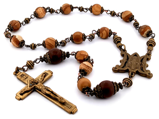 Miraculous Medal picture matte jasper gemstone single decade unique rosary beads with bronze crucifix.
