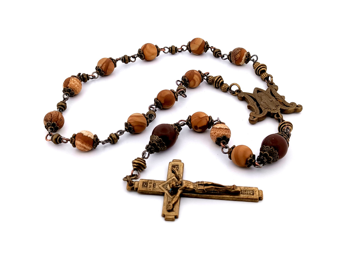 Miraculous Medal picture matte jasper gemstone single decade unique rosary beads with bronze crucifix.
