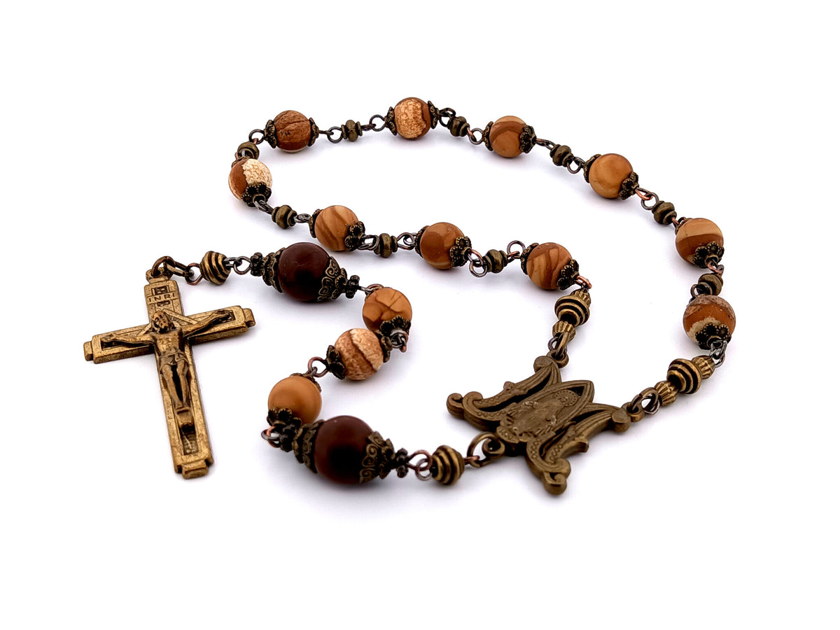 Miraculous Medal picture matte jasper gemstone single decade unique rosary beads with bronze crucifix.