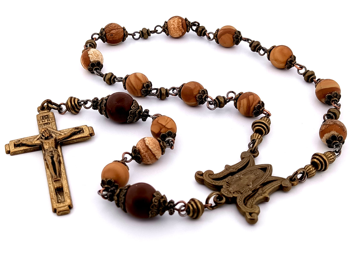 Miraculous Medal picture matte jasper gemstone single decade unique rosary beads with bronze crucifix.