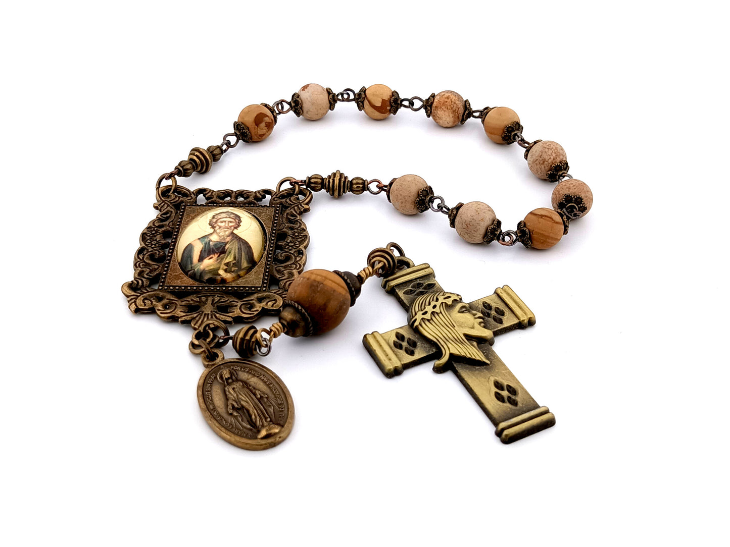 Saint John the Baptist matte picture jasper gemstone single decade unique rosary beads with crown of thorns crucifix.
