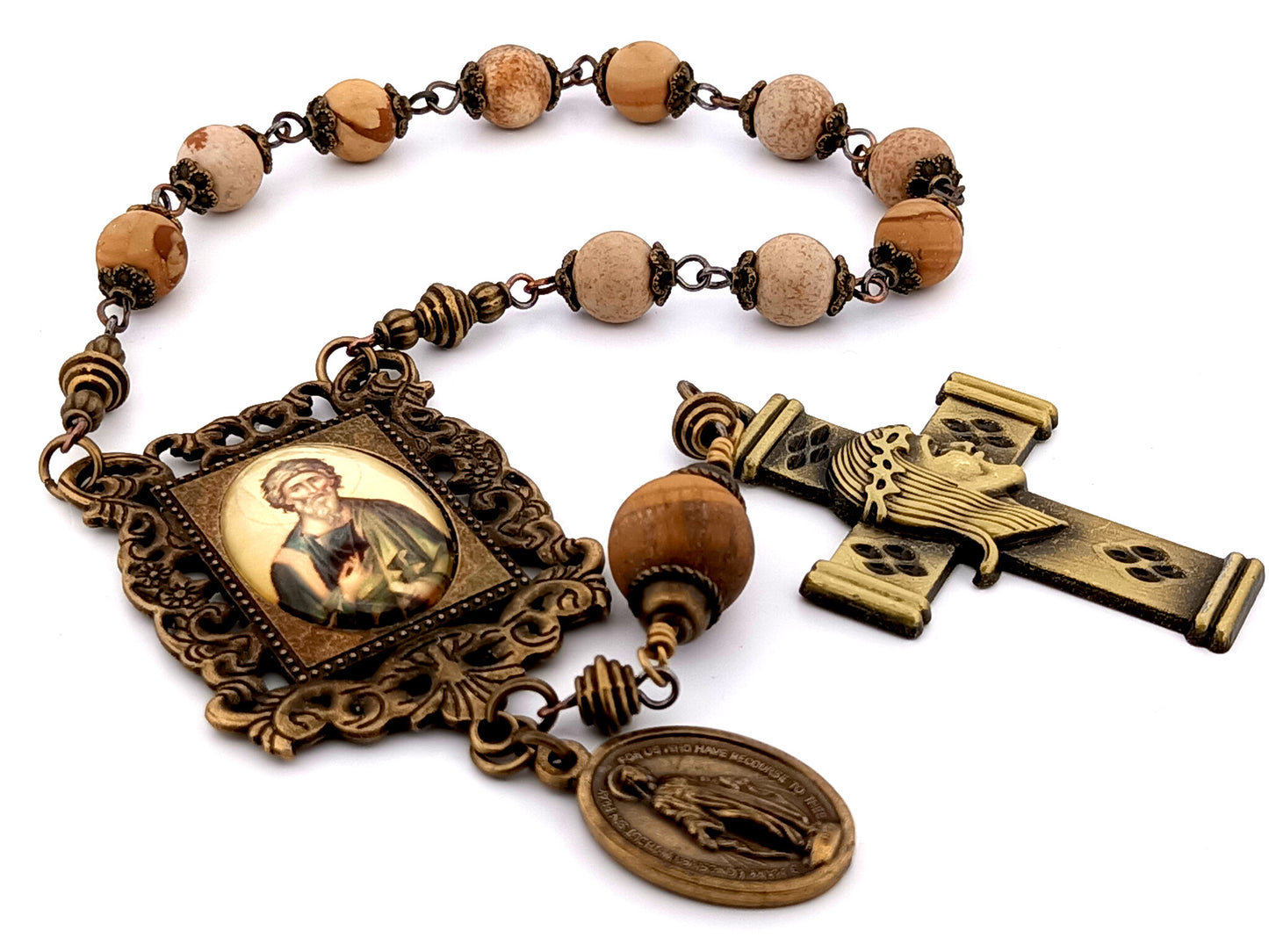 Saint John the Baptist matte picture jasper gemstone single decade unique rosary beads with crown of thorns crucifix.