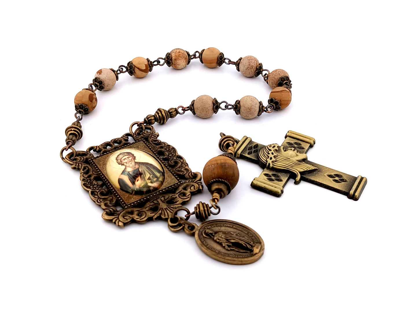 Saint John the Baptist matte picture jasper gemstone single decade unique rosary beads with crown of thorns crucifix.