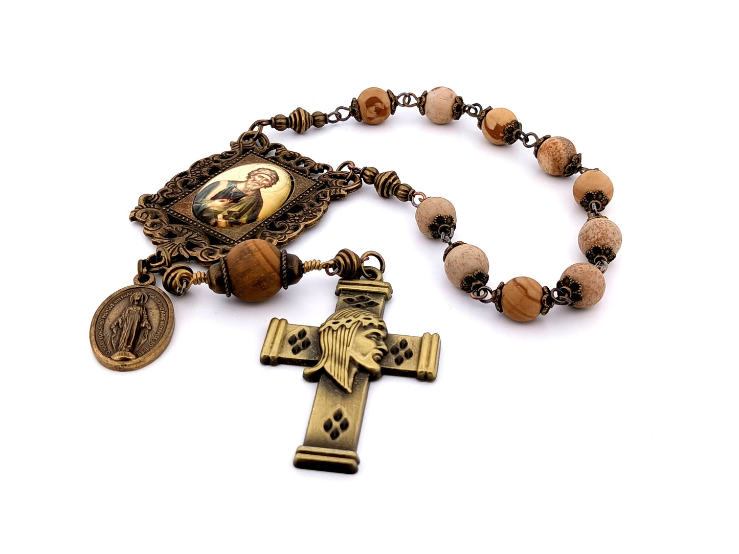 Saint John the Baptist matte picture jasper gemstone single decade unique rosary beads with crown of thorns crucifix.