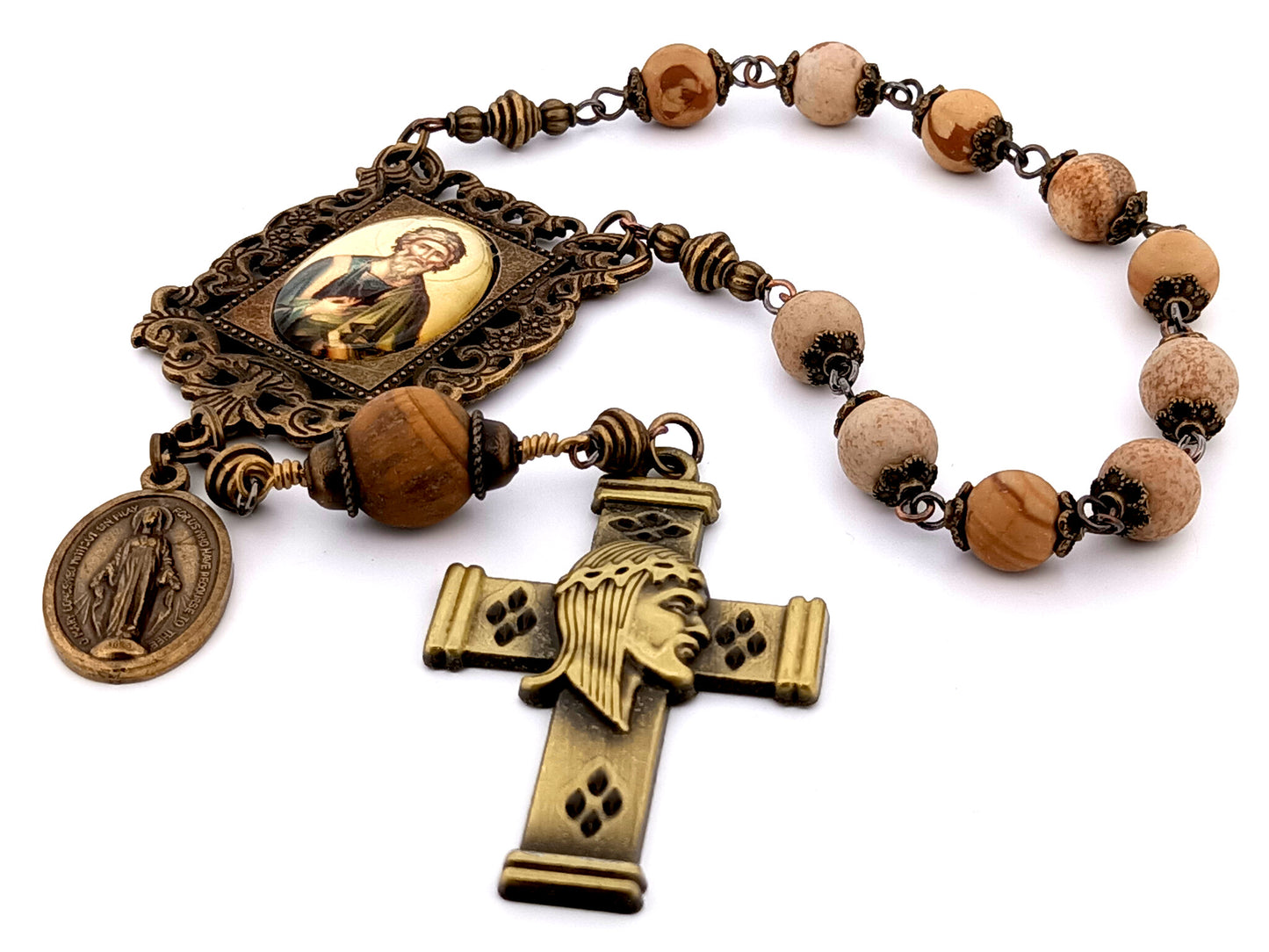 Saint John the Baptist matte picture jasper gemstone single decade unique rosary beads with crown of thorns crucifix.