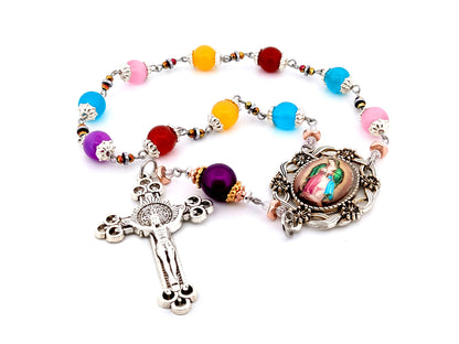 Our Lady of Guadalupe multi coloured glass single decade unique rosary beads with Saint Benedict crucifix.