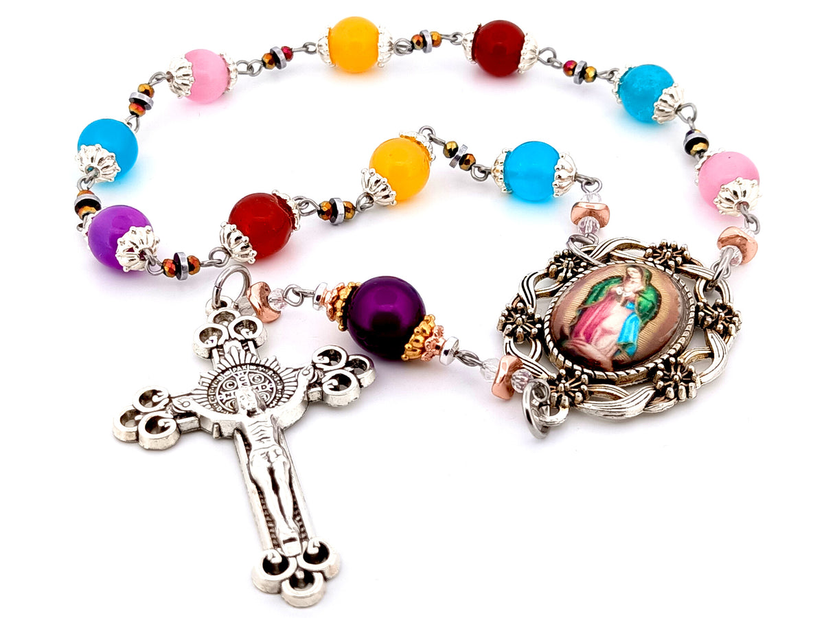 Our Lady of Guadalupe multi coloured glass single decade unique rosary beads with Saint Benedict crucifix.