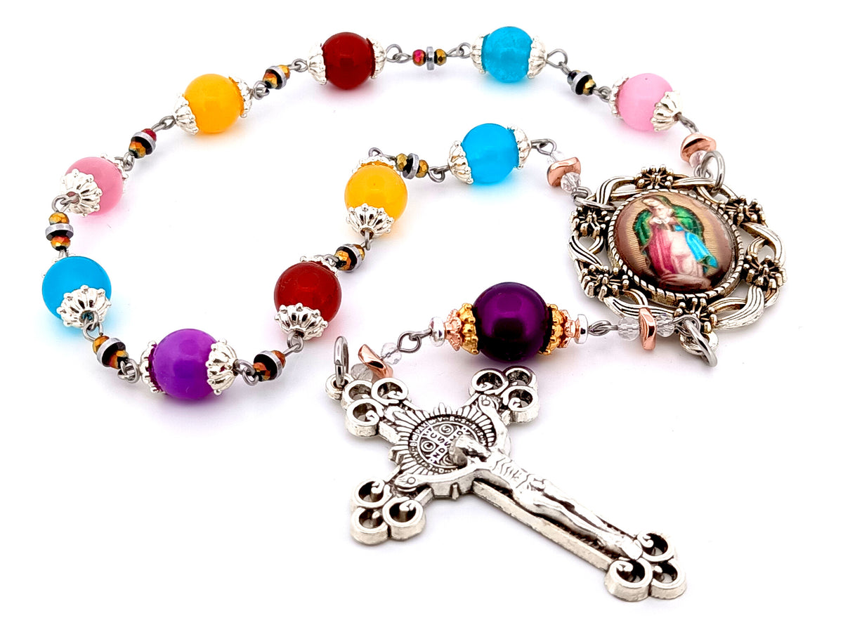 Our Lady of Guadalupe multi coloured glass single decade unique rosary beads with Saint Benedict crucifix.