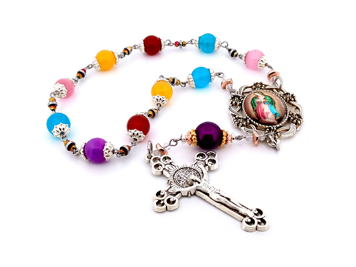 Our Lady of Guadalupe multi coloured glass single decade unique rosary beads with Saint Benedict crucifix.