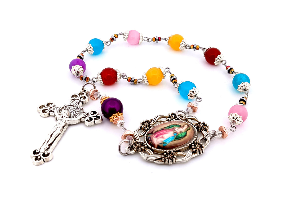 Our Lady of Guadalupe multi coloured glass single decade unique rosary beads with Saint Benedict crucifix.