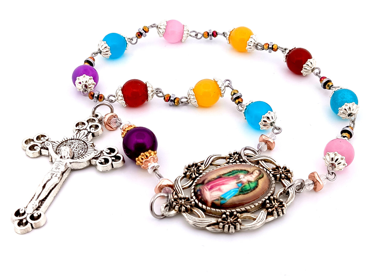 Our Lady of Guadalupe multi coloured glass single decade unique rosary beads with Saint Benedict crucifix.