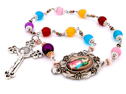Our Lady of Guadalupe multi coloured glass single decade unique rosary beads with Saint Benedict crucifix.
