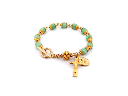 Miraculous Medal green quartz gemstone single decade rosary bead bracelet with small gold plated crucifix.