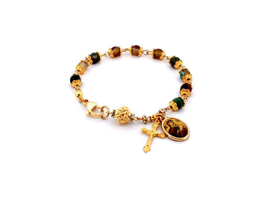 Our Lady of Perpetual Help fire scale agate gemstone single decade rosary bracelet with small gold plated crucifix. 