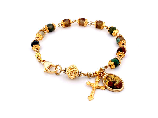 Our Lady of Perpetual Help fire scale agate gemstone single decade rosary bracelet with small gold plated crucifix. 