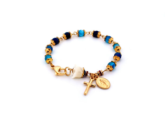 Miraculous Medal striped agate gemstone and lily unique rosary bead bracelet with gold plated crucifix.