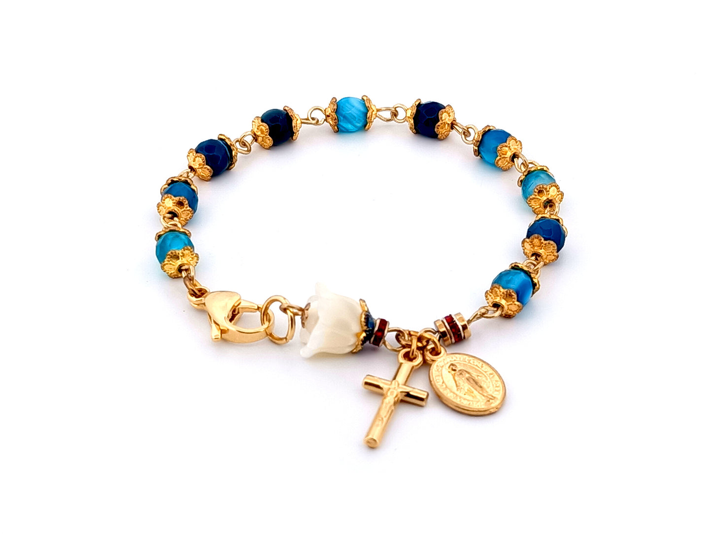 Miraculous Medal striped agate gemstone and lily unique rosary bead bracelet with gold plated crucifix.