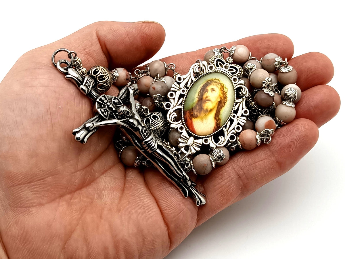 Crown of Thorns marble jasper gemstone and silver unique rosary beads with stainless steel crucifix.