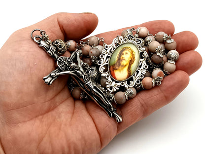 Crown of Thorns marble jasper gemstone and silver unique rosary beads with stainless steel crucifix.