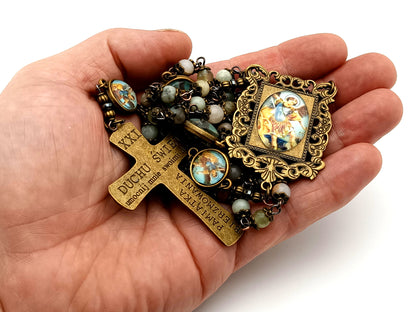 Saint Michael crazy lace agate gemstone unique rosary beads with bronze Holy Trinity crucifix.