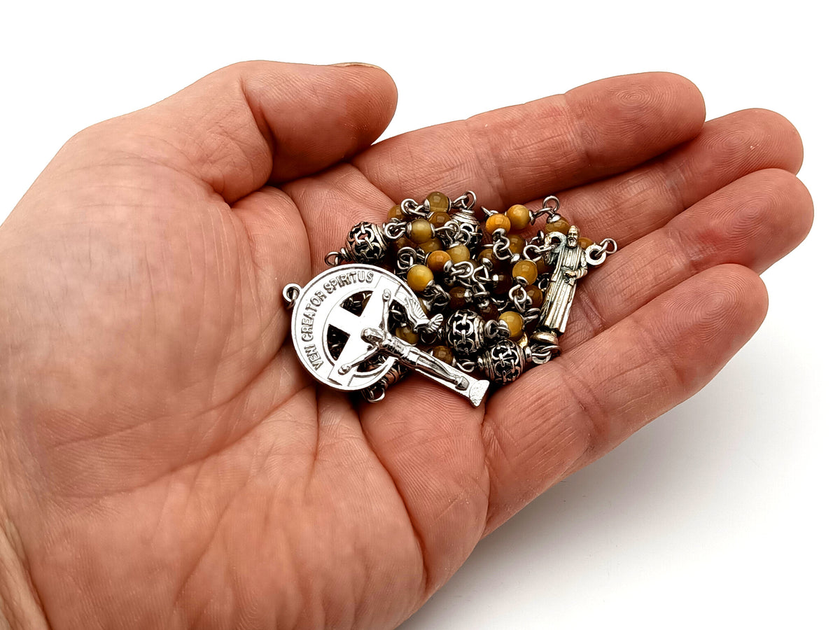 Saint Padre Pio tigers eye gemstone and silver rosary bead necklace with stainless steel crucifix.