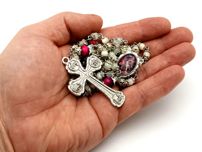 Saint Michael the Archangel mother of pearl and pink tigers eye unique rosary beads with Four Basilica crucifix.